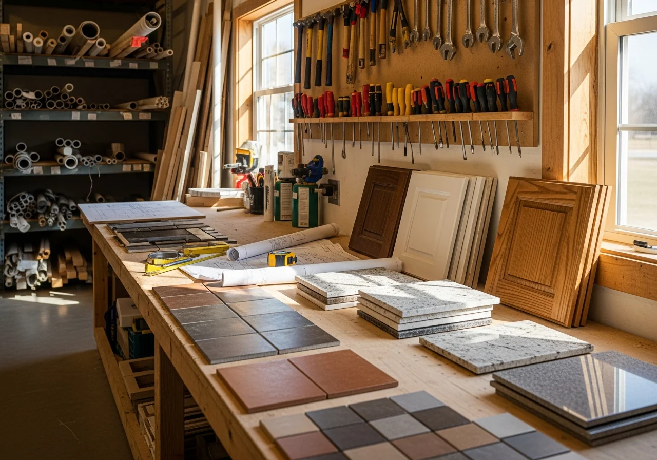 Remodeling workshop with tile samples, cabinet materials, and carpentry tools organized on work surfaces.