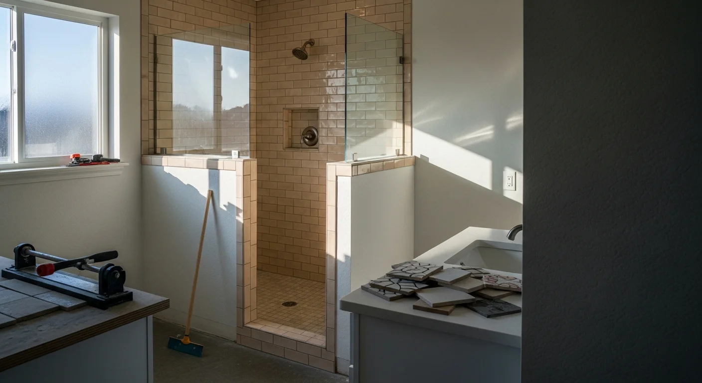 Luxury bathroom with custom tile shower and modern vanity
