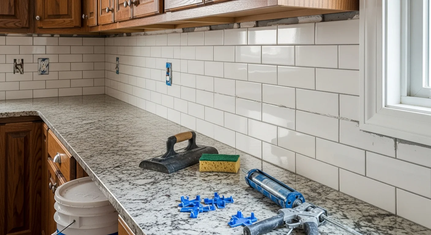 Freshly installed tile backsplash in a Lincoln, NE kitchen, showing clean grout lines and precise cuts around electrical outlets. The tile runs from the countertop to the upper cabinets with a consistent herringbone pattern.