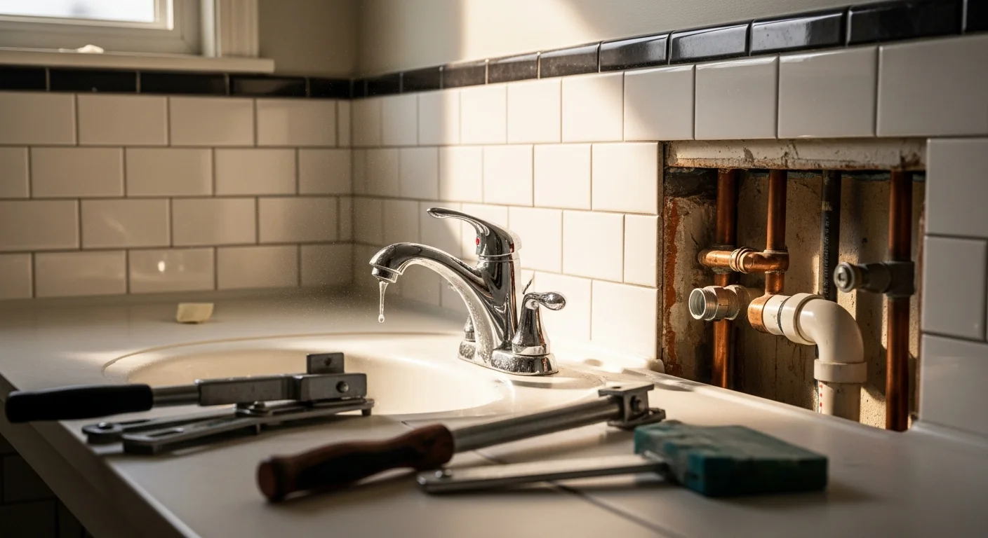 A Lincoln, NE bathroom vanity area showing a newly installed faucet and drain assembly on a white porcelain sink, with clean caulk lines and polished fixture hardware. The surrounding tile work and wall finish show no signs of water damage or old mineral buildup.
