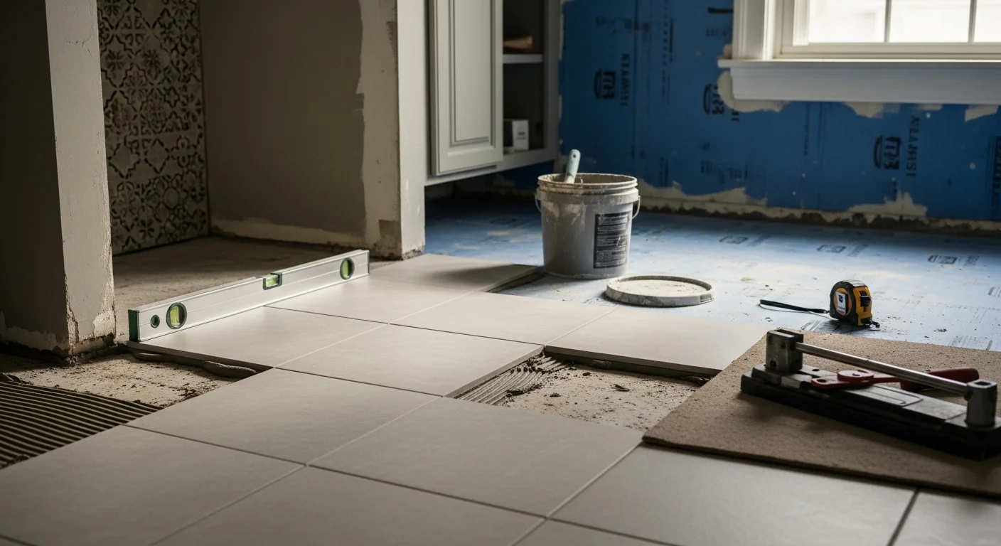 Newly installed waterproof tile bathroom floor in a Lincoln, NE home, showing clean grout lines and a finished transition to the bathroom vanity area. The floor surface is level and dry, with no visible gaps at the wall base.