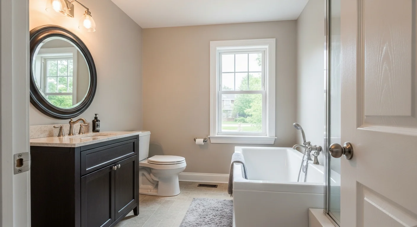 Finished bathroom remodel by Artisan Tile and Remodeling in Lincoln, NE, showing a custom tile walk-in shower, updated vanity, and new flooring. The space reflects clean grout lines and coordinated fixture finishes throughout.