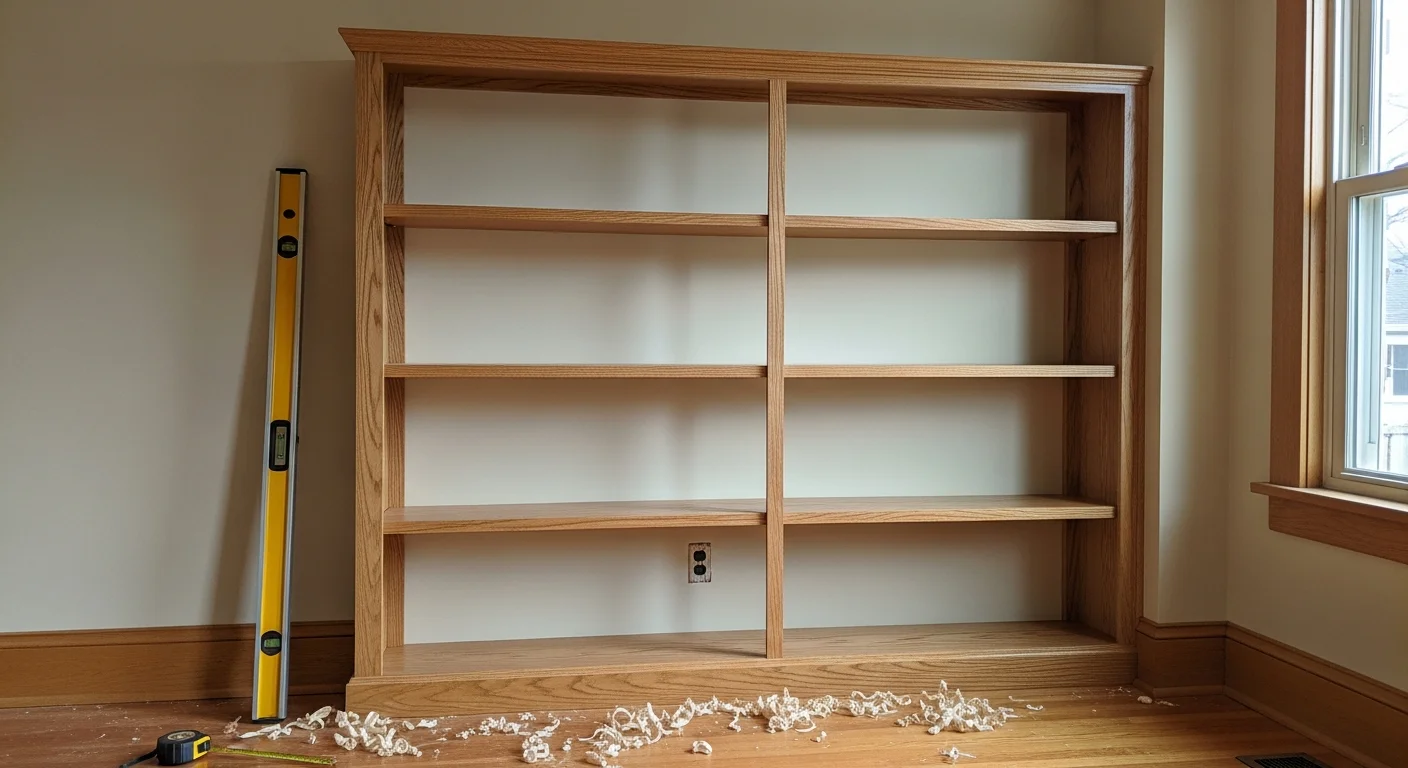 Custom built-in shelving unit installed floor-to-ceiling along a living room wall in a Lincoln, NE home, with painted trim and adjustable shelves. The unit fills a previously unused wall and matches the room's existing woodwork and interior finish.