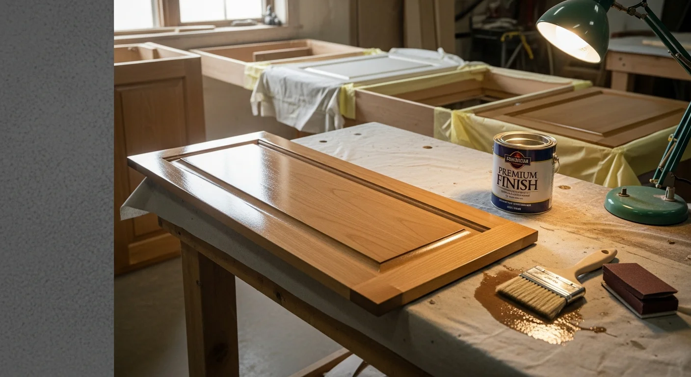 Freshly refinished kitchen cabinets in a Lincoln, NE home, showing smooth, even coating on upper and lower cabinet doors with updated neutral finish. Close-up view highlights clean edges and consistent color across all drawer fronts and cabinet boxes.