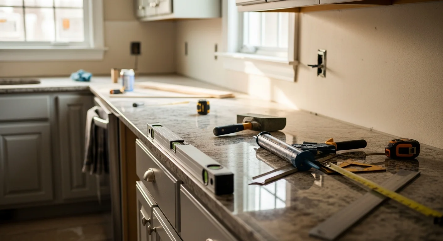 Newly installed stone kitchen countertop in a Lincoln, Nebraska home, showing a clean edge profile, undermount sink cutout, and tile backsplash in progress. The countertop spans a full cabinet run with a corner seam in an older-style kitchen layout.