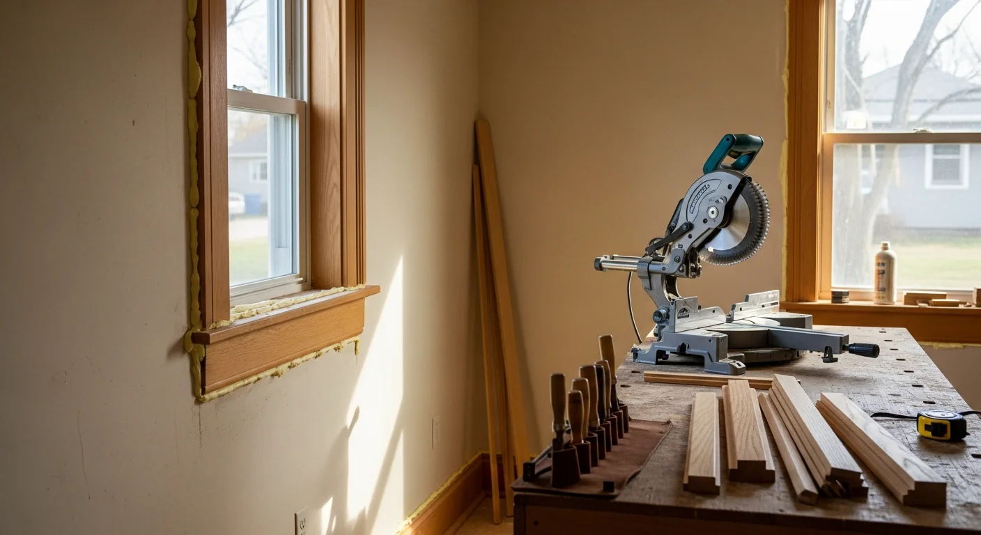 Custom built-in shelving and crown molding installed in a Lincoln, NE home, showing tight corner joints and painted finish trim. The woodwork runs floor to ceiling along an interior wall with clean scribe cuts against existing plaster.