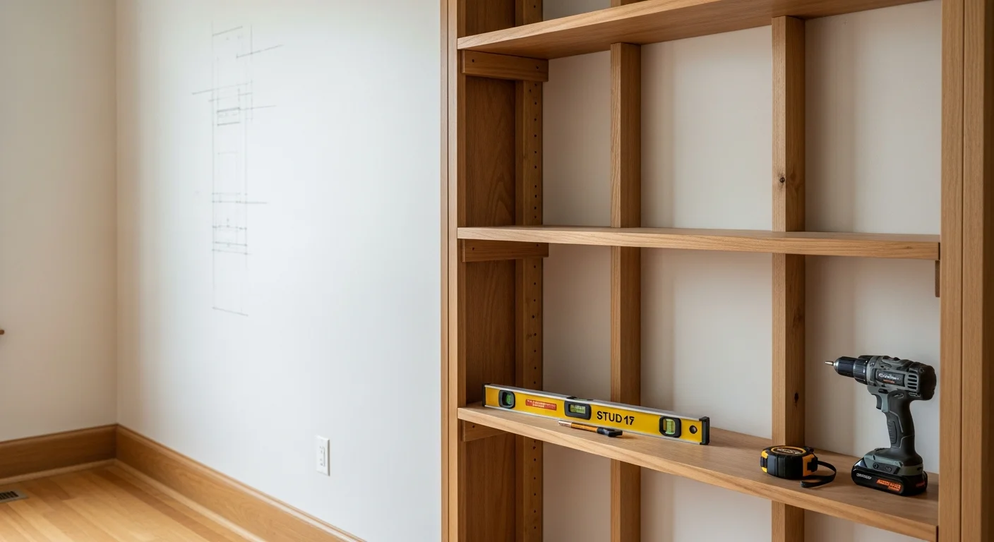 Custom wood shelving unit installed floor-to-ceiling along a finished wall inside a Lincoln, NE home, with evenly spaced shelves anchored to wall framing and a painted finish matching the room trim. The shelving spans a closet alcove and holds neatly organized household items.