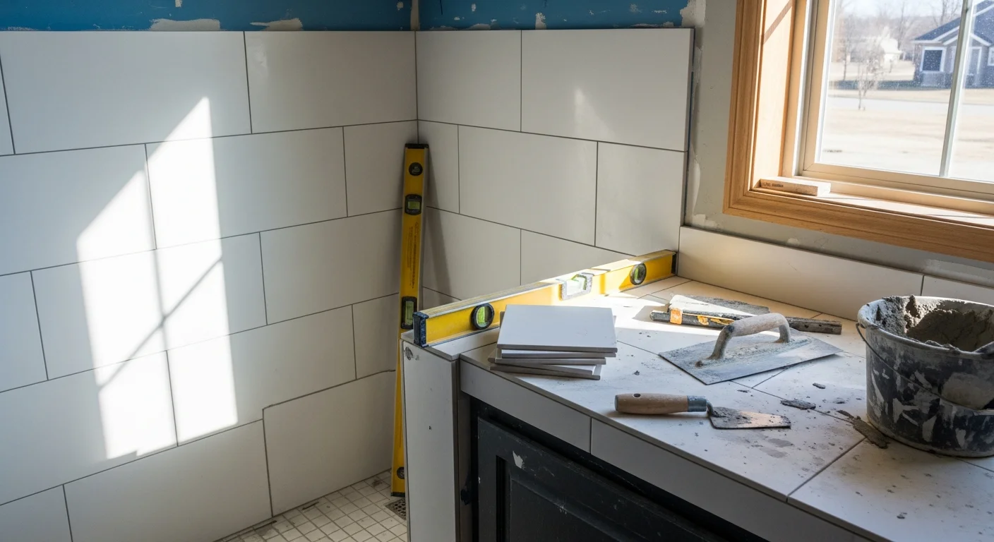 A finished custom tile shower installed by Artisan Tile and Remodeling in a Lincoln, NE bathroom, showing floor-to-ceiling wall tile, a built-in niche, and clean grout lines. The walk-in shower replaces an older fiberglass surround in a mid-century Lincoln home.