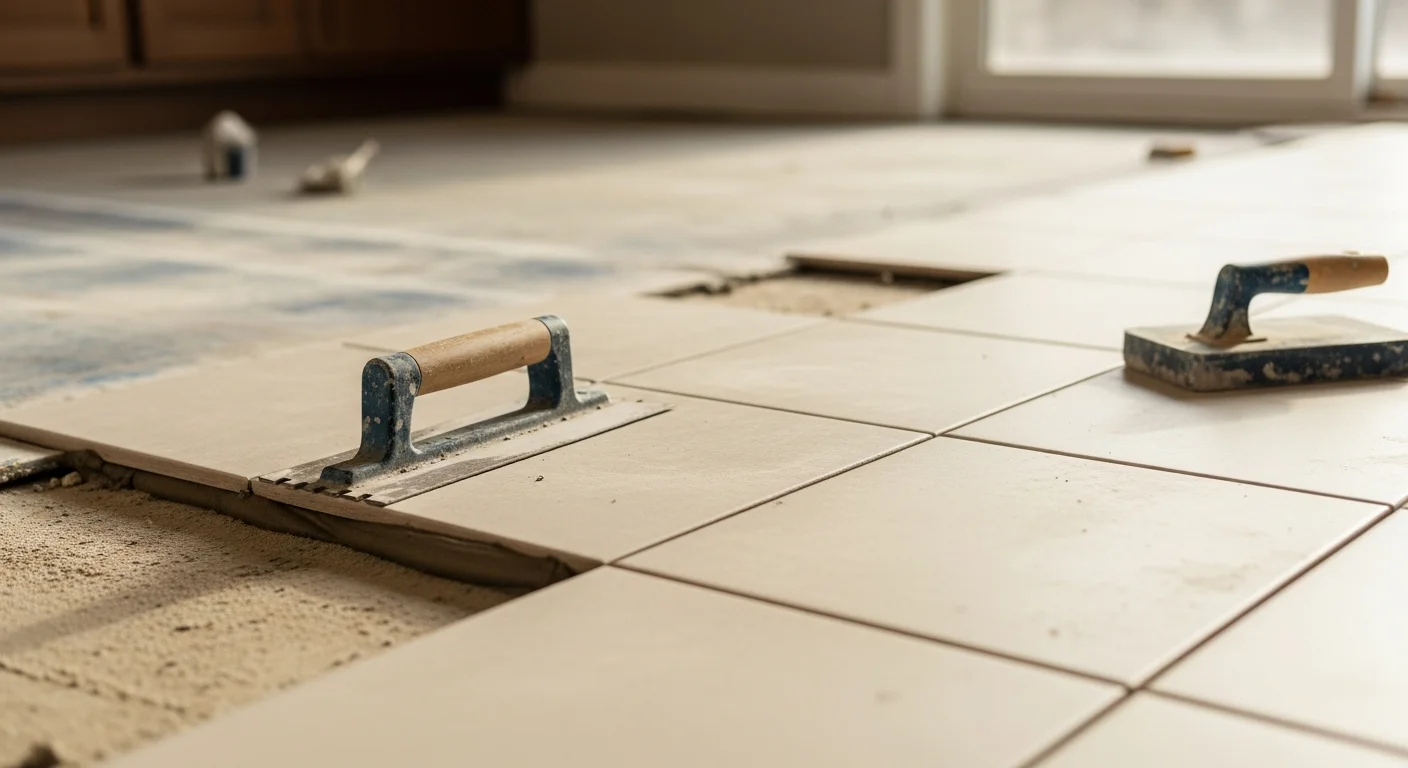 Freshly installed floor tile in a Lincoln, NE home kitchen, showing clean grout lines and a level surface extending from the entryway to the base of the cabinets. The tile work reflects a complete installation including edge cuts and finished transitions.