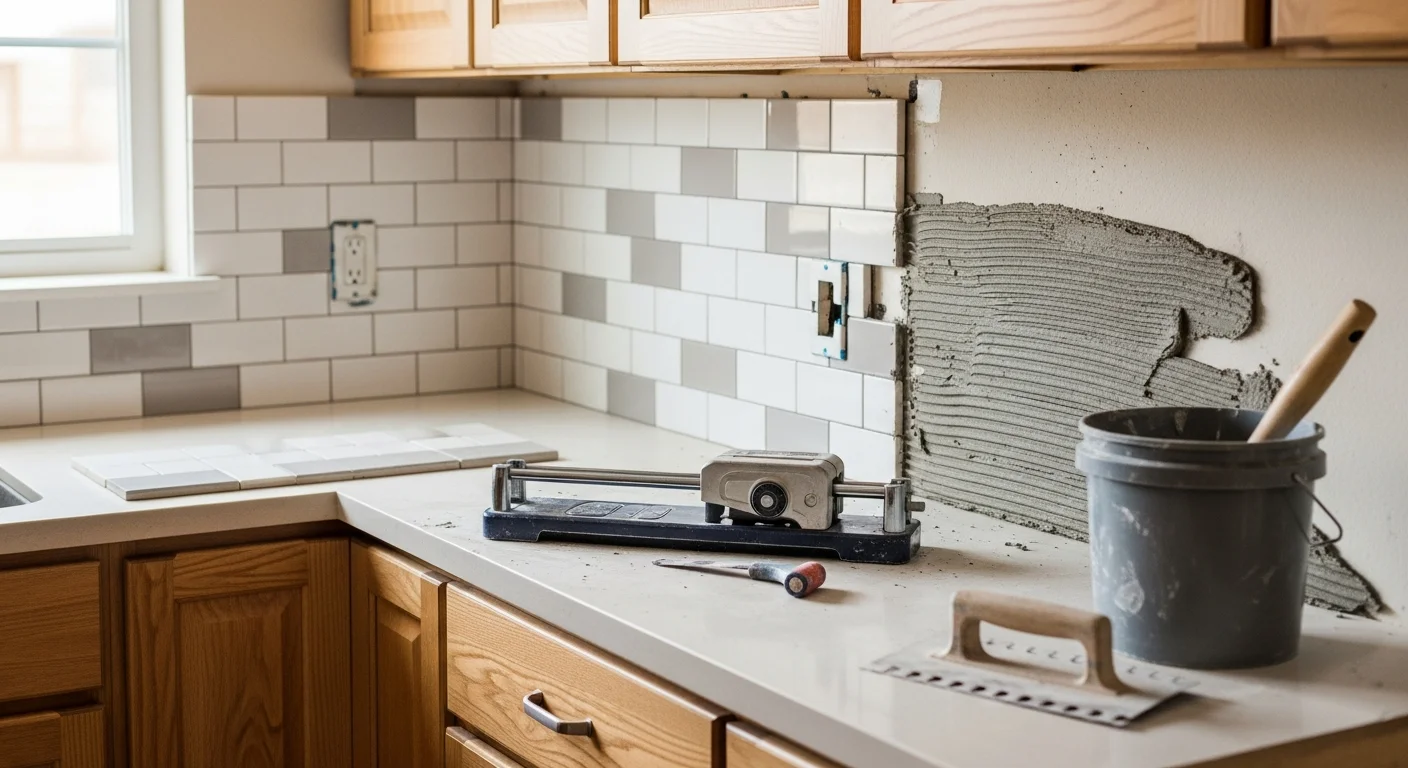 Freshly installed kitchen tile backsplash in a Lincoln, NE home, showing precise grout lines and clean cuts around a wall outlet above the countertop. The tile runs from the countertop surface to the upper cabinets in a herringbone pattern.