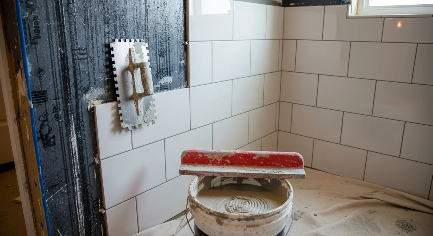 Freshly installed shower tile with uniform grout lines covering the walls and floor of a residential bathroom in Lincoln, NE. The shower features a clean, modern tile layout completed by Artisan Tile and Remodeling.