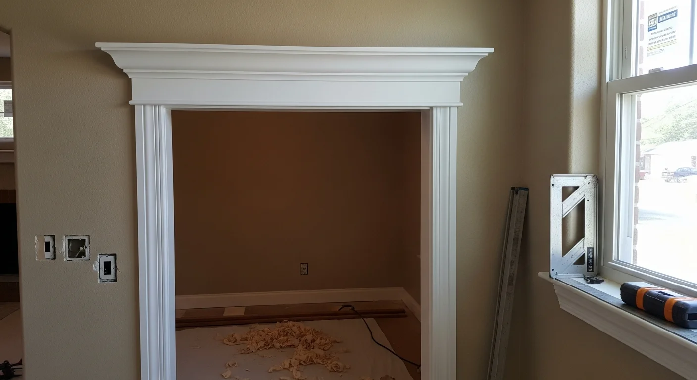 Freshly installed crown molding and baseboards in a Lincoln, NE home interior, showing clean corner joints and a smooth painted finish. The trim frames a doorway and runs along the ceiling line of a renovated room.