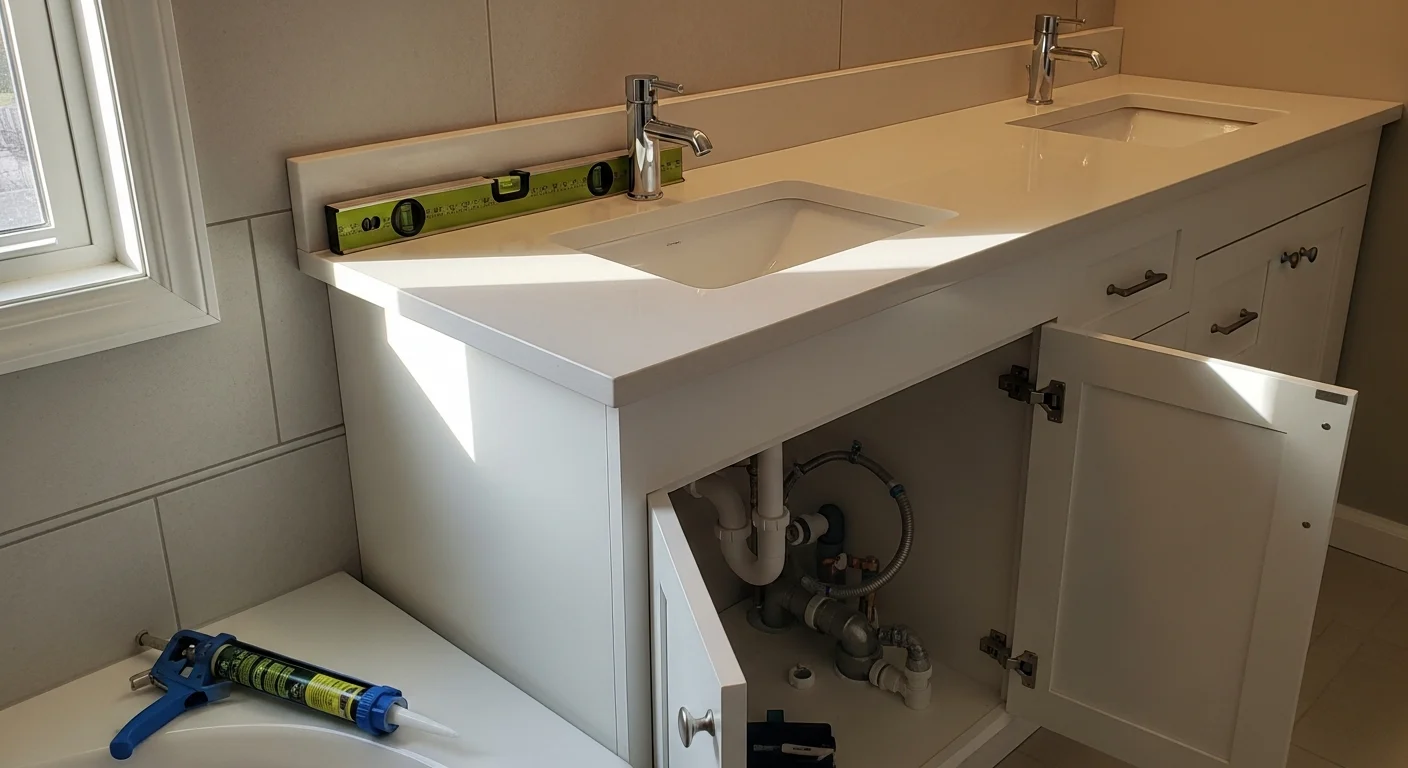 A newly installed double-sink bathroom vanity with a stone countertop and clean tile surround inside a Lincoln, NE home. The cabinet doors are closed and the plumbing fixtures are fully connected, showing a finished installation ready for daily use.